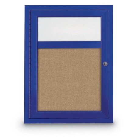 United Visual Products Slim Enclosed Corkboard, 30"x30", Satin Alum Frame/Ultramarine UVEB3030-SATIN-ULTMAR